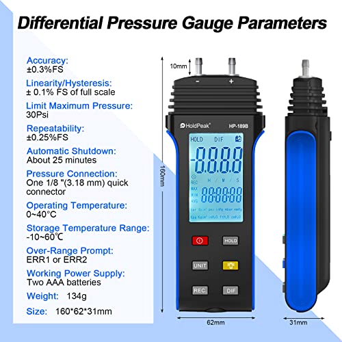 Дигитален манометар, мерач на притисок на воздухот и гасот HP-189B BIG LCD дигитален тестер за притисок на гас 30PSI за диференцијален/позитивен/негативен