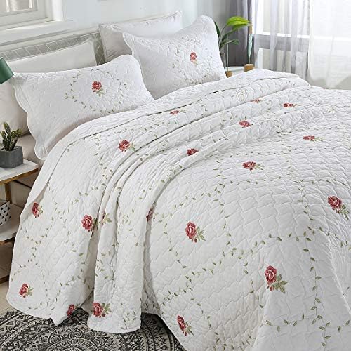 VCTOPS 3-парчиња Елегантен цвет и лисја извезени кревети за покривање на прегратка на кралицата памук реверзибилна крпеница 1 ватенка и 2 шами за перници, роза