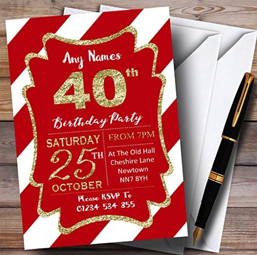 Црвени Бели Дијагонални Ленти Злато 40-Ти Персонализирани Покани За Роденденска Забава