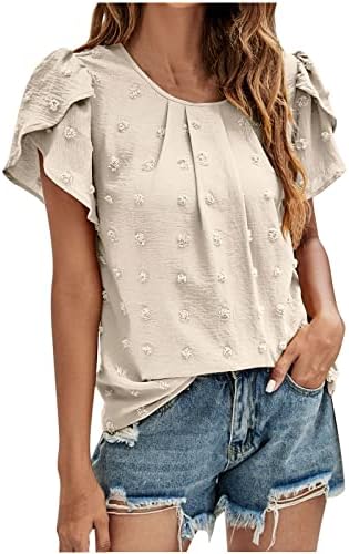 2023 Нова кошула за женска модна цврста боја џакард маица врвови дами со кратки ракави со кратки ракави за торбички Туника блуза