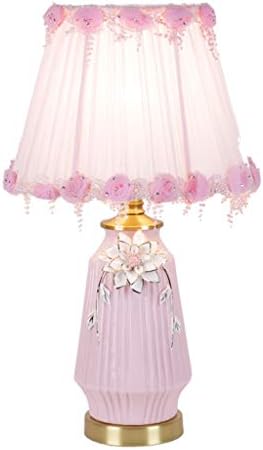 Ламби за маса на Атај, розова девојка за читање на девојчиња, ноќна ноќна светлина врежана керамичка ламба тело цветна ткаенина ламба ламба E27 за читање/розова/35 * 56с
