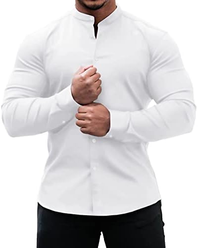 Машки мускули вклопуваат кошули без долги ракави на брчки, лежејќи го кошулата, модна цврста штанд јака vneck блуза врвот