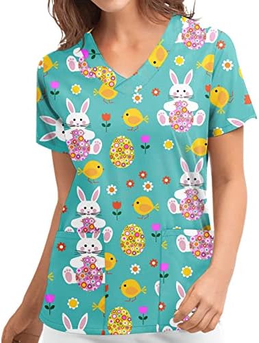 Смешно зајаче јајца Печати Велигденска работна униформа за жени Краток ракав против вратот од празниците на празници со џеб