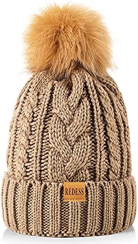 Омиди жени зимски помпом бени капа со топло руно наредено, густо слабиот снежен плетен череп ски -капа
