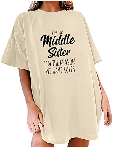 Womenенски преголеми маици со букви печати туничен графички маички во боја на летни врвови кратки ракави лабави обични облечени блузи