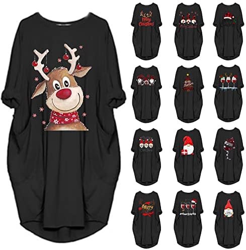 Ruziyoog Среќен Божиќен женски туничен фустан обичен екипаж врат преголема маица облечена обична лабава симпатична Божиќна печатена фустан