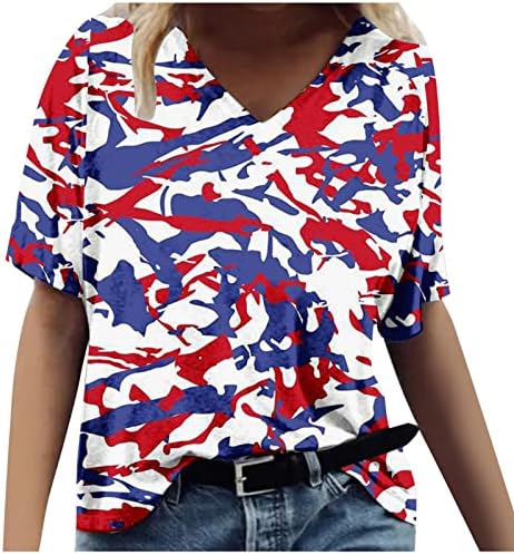 Женска кошула за вратоврска, лето-starвезда графички врвот V врат маици 4-ти јули блуза со краток ракав спортски салата за обични