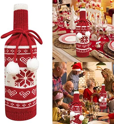 Божиќна снегулка плетено шише со шише со вино, креативен џемпер со црвено вино, сет за празници за краткорочни чаши за вино