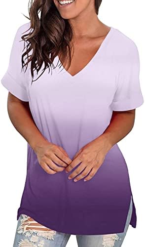Женски кошули со краток ракав летни врвови градиент кратки ракави против маички со вратот, печатена блуза плус големина туника