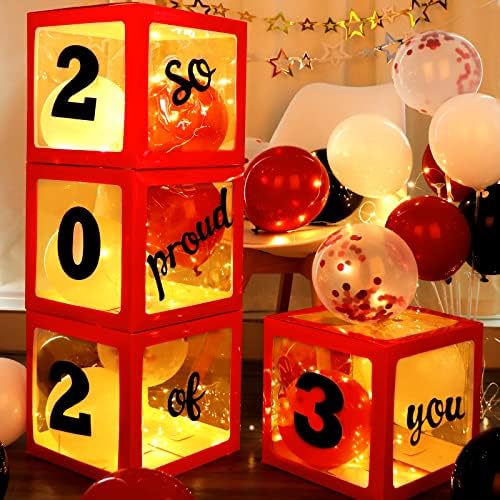 2023 Декорации За Дипломирање: 4 Парчиња Кутии Со Црвени Балони Со ЛЕД-Жични Светла, 24 Балони И 6 Специјални Балони Со Црвени Светки