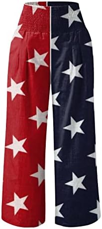 Постелни панталони со широки нозе на 4 -ти јули за жени американско знаме ги уништи еластичните панталони со широки нозе со џебни