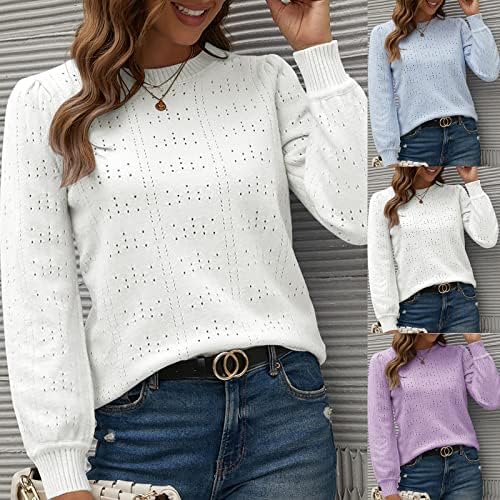Плетен џемпер пуловер за жени со долг ракав со тркалезни врат маици тенок лесен шуплив дно кошула блузи