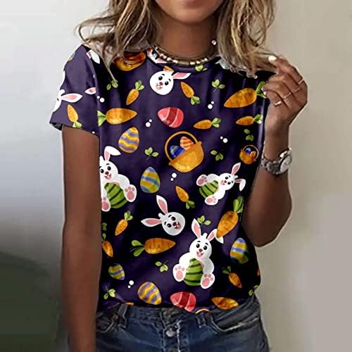 Велигденски кошули за жени Основни кратки ракави екипаж на екипаж 3Д печатење христијански празник блуза Симпатична зајаче графичка матична
