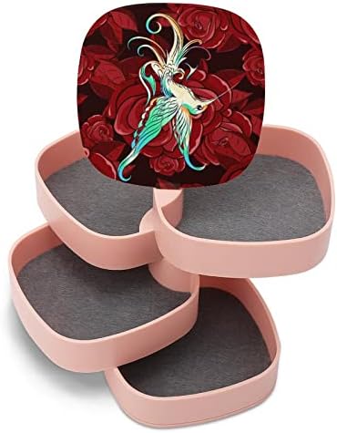 Hummingbird и црвена роза кутија за накит за жени Организатор случај со огледало 4 слој девојки подарок за ѓердан за прстени обетки