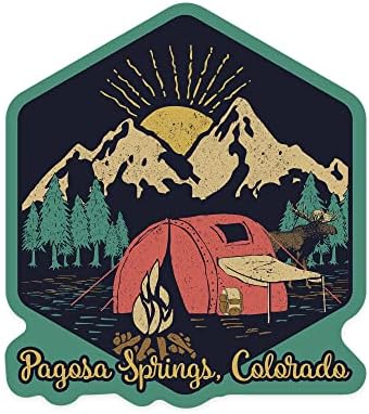 Die Cut налепница Pagosa Springs, Колорадо, сцена за кампување, налепница за винил од контура од 1 до 3 инчи, мала