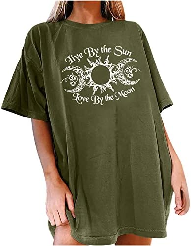 Womenените сонце и месечина графичка маичка за печатење преголема кратка ракав екипаж на вратот на вратот на вратот на рамената на
