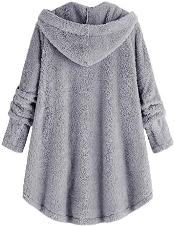 Fragarn Women Plus Plus Size Button Plush врвови со качулка лабава кардиган волна палто Зимска јакна