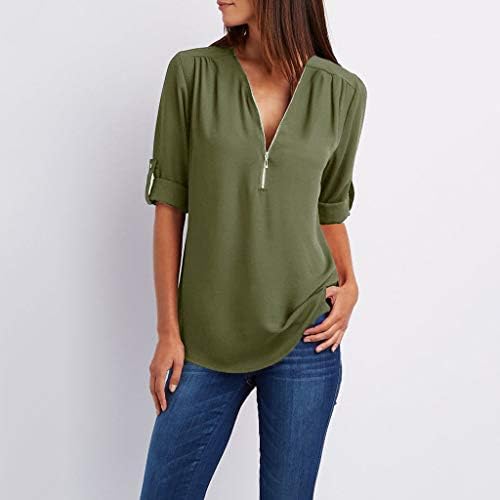3/4 кошули со ракави за жени, женски цврсти v вратот Zpper Tee случајна лабава лесна пулвер блуза со преголеми кошули
