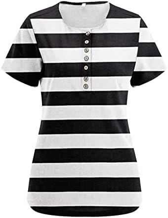 Womenените 2023 Лето Хенли Туника Врв V врат Краток ракав копче нагоре со цврсто тенок вклопуван случајна лента со плетени кошула блузи