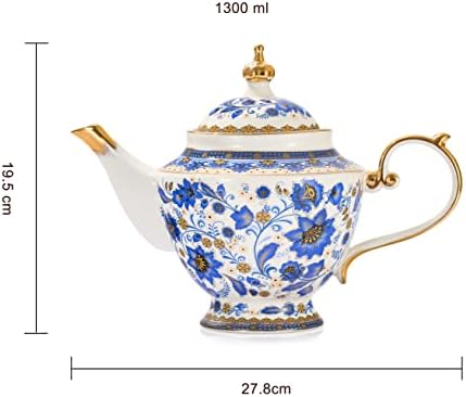 Фина коска од кинески чај сет со чајник, teacups & лажици и чинии 13 парчиња сина, порцелан бело и злато детален сон гроздобер цветни цвеќиња