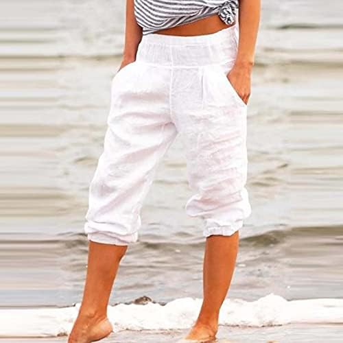 Женски памучни постелнини капри панталони, плажа широки нозе лабави вклопени долни товари од карго каприци летни обични панталони