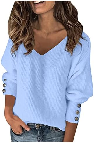 Женски пролетни блузи цврста боја дива плетена секси секси V-врат лабава џемпер со долги ракави врвови 2023 година
