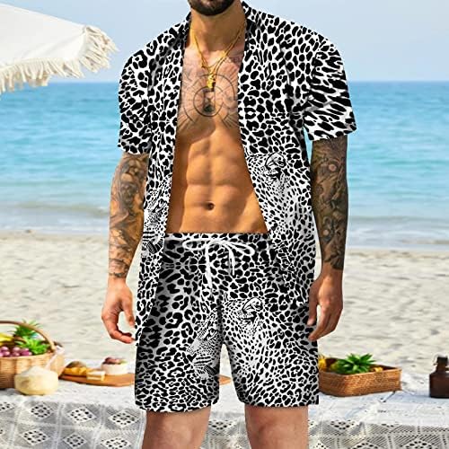 Облека со 2 парчиња облека за мажи со кратки ракави цветни хавајски кошула и кратки комплети Тропски празник летни облеки на плажа