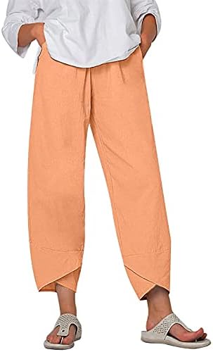 Женски постелнини исечени панталони цветни печатени широки нозе, панталони со џебови со високи половини летни обични панталони за