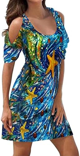 Флорална макси фустан, летен фустан за жени гроздобер ладно рамо Бохо Сонце облечен случај со кратки ракави мини плажа фустани