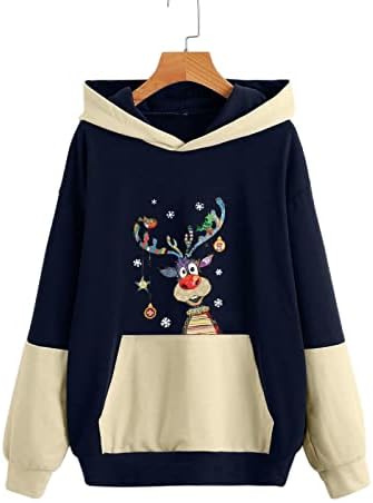 Hoksml дуксери за жени 2022 Божиќно печатење во боја, крпеница со долги ракави, џемпер, топло руно врвови