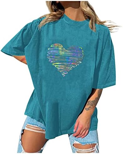 Ден на в Valentубените маички за жени шарени lубовници кошула за печатење на срцето врвови случајно лабава екипаж за блуза со кратки ракави за блуза Туника