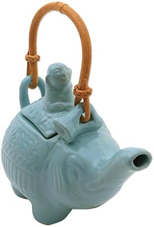 Новика светло сина керамичка чајничка со рачка со ратан, 27 мл, Буда и тиркизен слон '