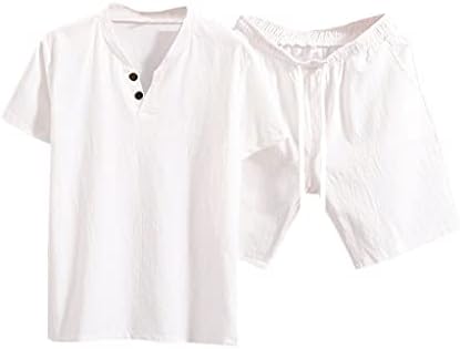 Wpyyi облека Машка летна цврста боја памучна постелнина со кратки ракави со кратки ракави со маици поставени машка спортска облека