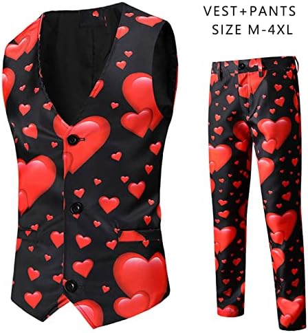 XXBR Денот на в Valentубените Ден 2 парчиња костуми за мажи, loveубов со срцев печатен елек панталони панталони тенок вклопувачки партиски
