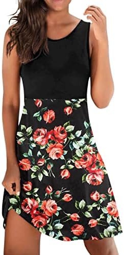 Onените фустани 2023 лето цвет сончоглед Дандалион печатење без ракави миди фустан со висок половината обичен фустан
