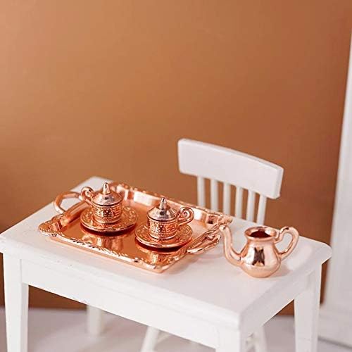 Hiawbon 10 PCS мини куќа додатоци Минијатурна роза златен метал чај капачиња за садови за садови Поставете за 1:12 Декорација