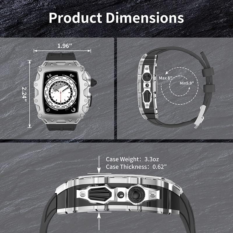 Екинс метал кутија со стаклен екран Силиконски часовник за часовници за Apple Watch Series 8 7 45mm 44mm гумен каиш за мод за iWatch