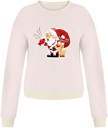 Преголема маичка за џемпери за жените за жени со долги ракави на врвови, обична екипа на блуза Дедо Мраз печати Божиќна кошула