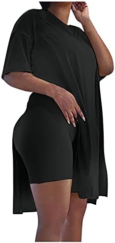 2 парчиња потта за жени плус големина странични поделени јога врвови со високи половини од каросерија шорцеви облеки V вратот