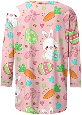 Womenенски 3/4 ракав Велигденска маица Симпатична зајаче јајца графички печати врвови пролетна фустана обична блуза лабава екипаж