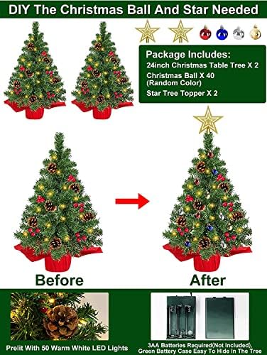 [2 пакет и тајмер] 24 инчи / 2 ft Прелит елка таблета декор 50 светла starвезда вештачко Божиќно дрво од пинекони топки црвени бобинки