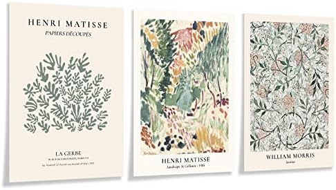 Chezmax сет од 3 ретро Хенри Матис ботаничко цвеќе платно wallид уметност Познат гроздобер пејзаж естетски постери модерна трендовски Вилијам Морис Флорални отпечатоци