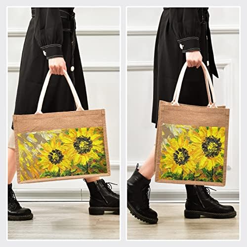 Катаку ван Гог сончоглед јута торбички со рачки и патент големи шопинг торбички за намирници со предно платно торби за подароци за џеб
