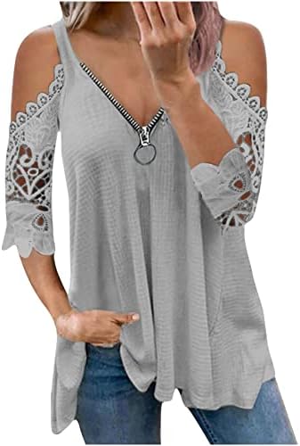 Женски лето v вратот ладно рамо блузи од чипка, патент предни маици со цврста боја на кратки ракави за кратки ракави, врвови на