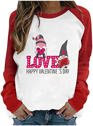 Жените Денот На Вљубените Блузи Симпатична Гном Боја Блок Пуловер Љубов Срце Графички Дуксери Долги Ракави Екипажот Кошули