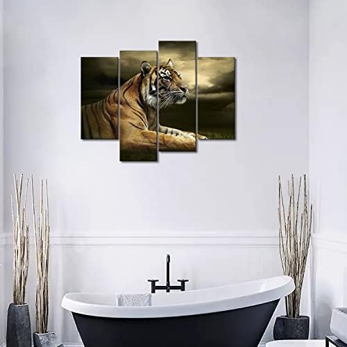 4 панел wallидна уметност тигар изглед и седење под драматично небо со облаци сликајќи слики печати на платно животно Сликата за домашно декорација парче испружено с