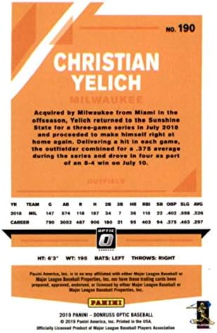 2019 година Донрус Оптик Бејзбол #190 Кристијан Јелих Милвоки Бруерс Официјален играч на Панини МЛБ лиценцирана трговска картичка