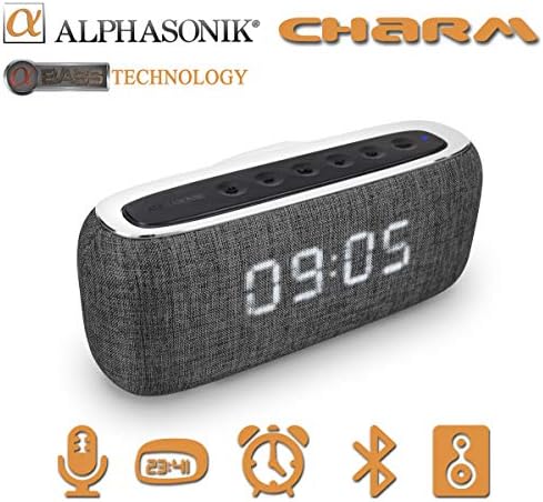 Alphasonik Charm Безжичен преносен звучник со Bluetooth со дигитален LED -алармен часовник, автоматско и рачно затемнување, FM радио, HD