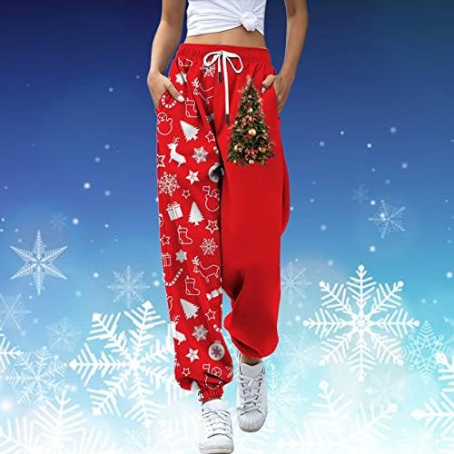 Womenените Божиќни печати џемпери, се протегаат со високи половини, опуштени фитти џемпери ирваси пешачење за атлетски салон џогери