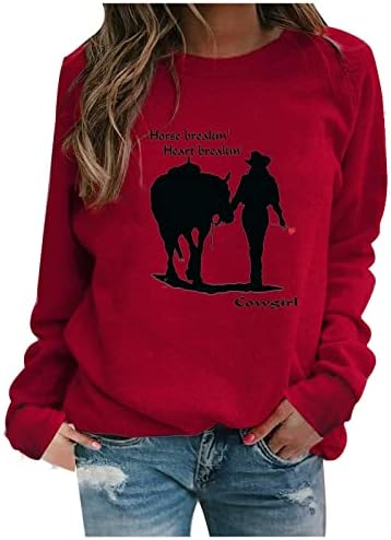 Екипаж џемпер за жени кои се возат со коњи, каубојски врвови на врвовите на графички кошула со долги ракави, за тинејџерски